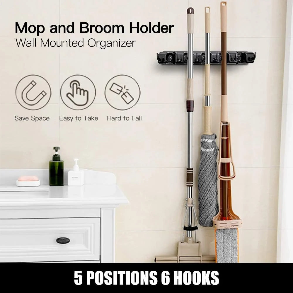 5 Slots & 6 Hooks Wall Mounted Broom Holder