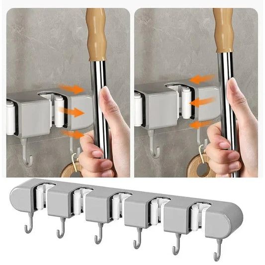 5 Slots & 6 Hooks Wall Mounted Broom Holder