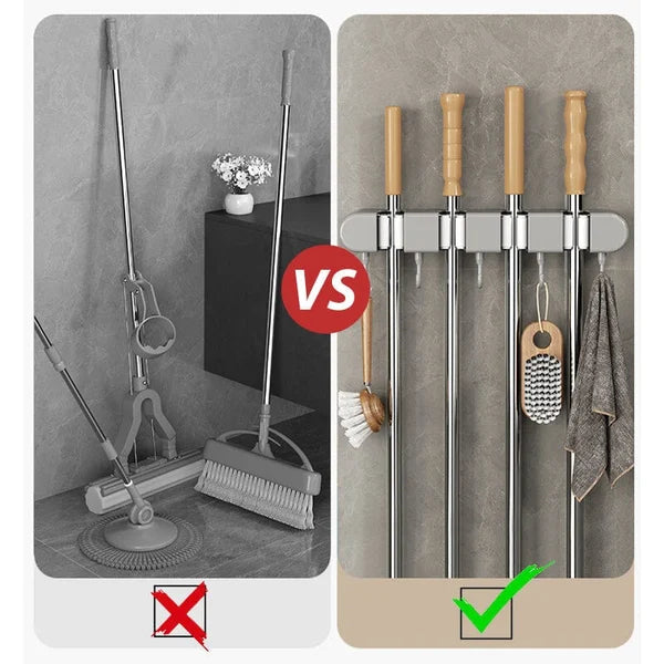 5 Slots & 6 Hooks Wall Mounted Broom Holder